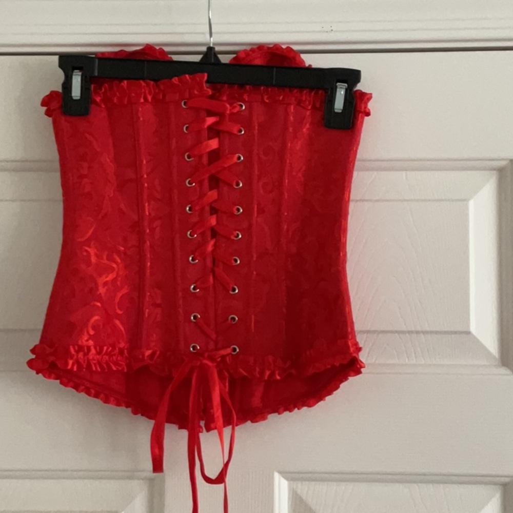 Red Satin brocade CORSET, Lisa is down the back size small. Perfect condition. - Picture 5 of 7